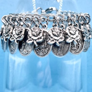 Catholic Saint Bracelet 31 Medals Miraculous Rose Dymphna Dorothy Agnes Mary Lourdes Philomena Anne Agatha Fatima Joan of Arc 8 1/4" WH