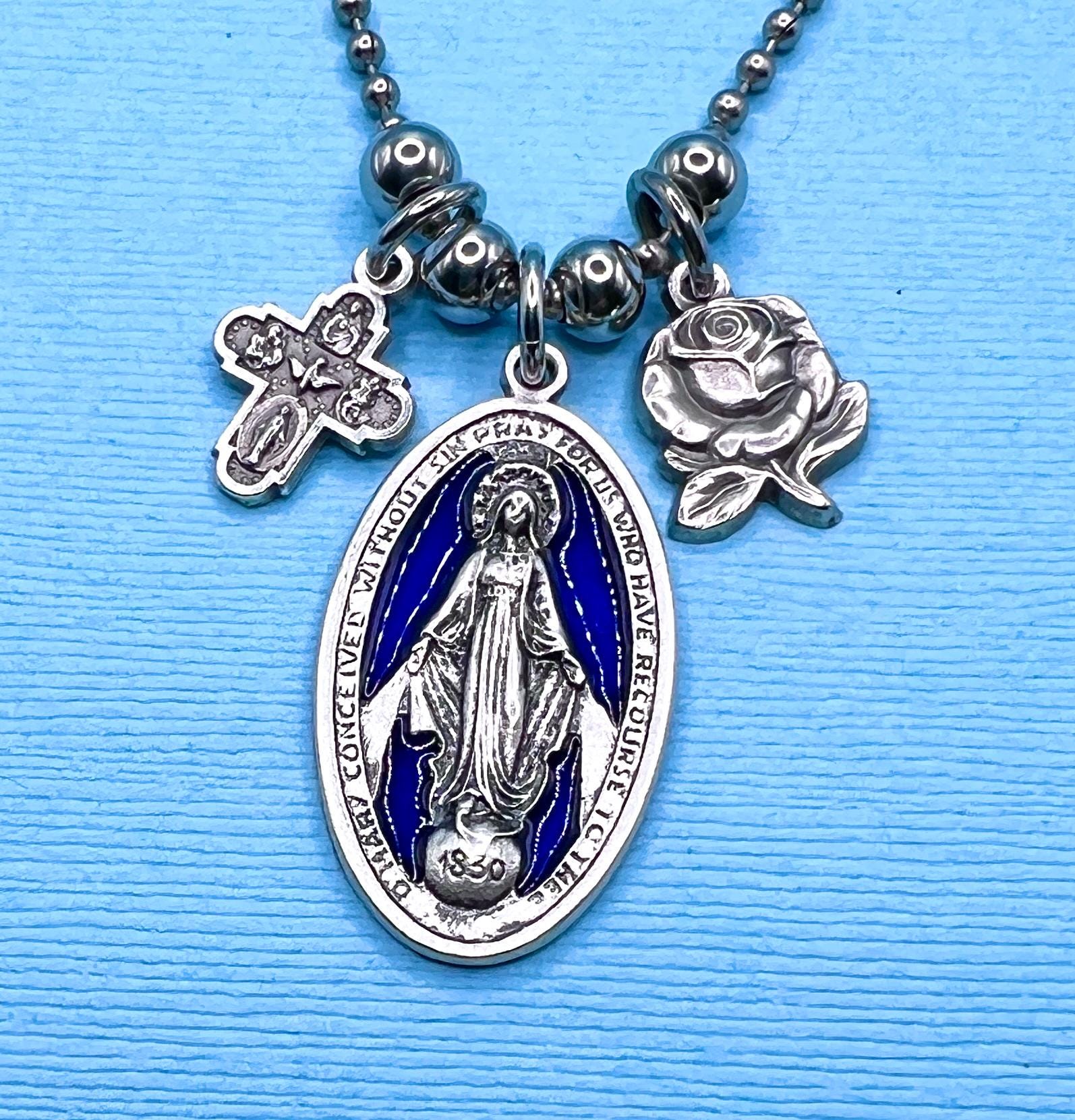 Our Lady of the Miraculous Medal Necklace Miraculous Rose Medal Four ...