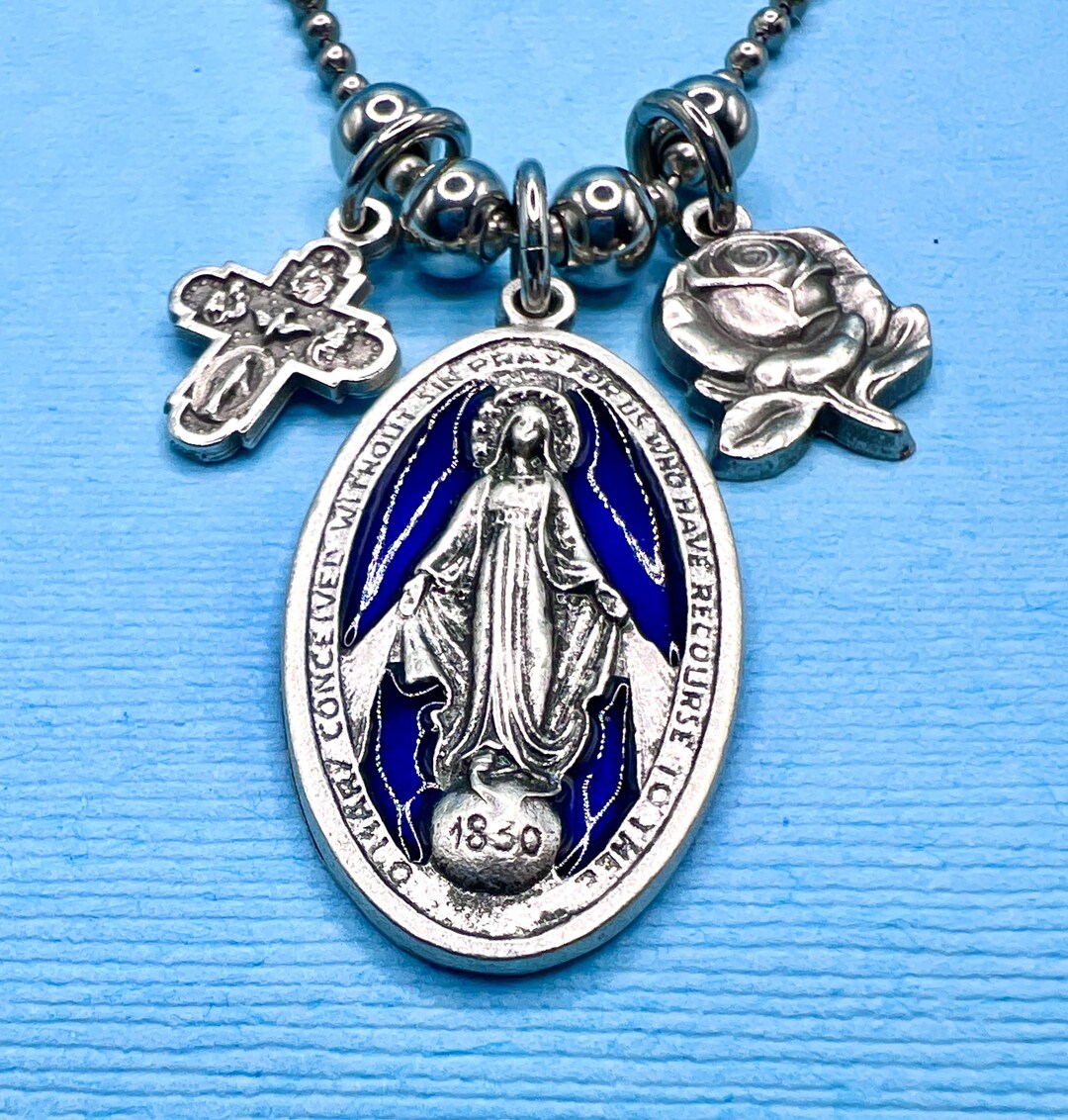 Our Lady of the Miraculous Medal Necklace Miraculous Rose Medal Four ...