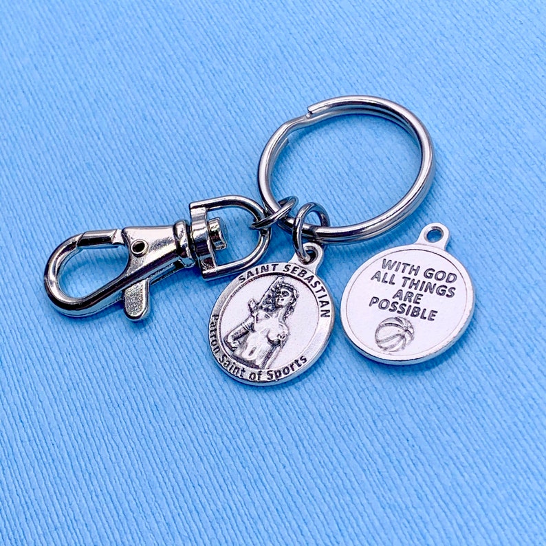 Basketball,St Sebastian Key Ring St Sebastian Basketball Medal,With God All Things Are Possible Basketball Medal Key Ring Clip On