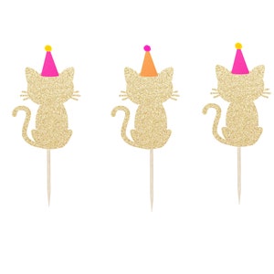 Cat Cupcake Toppers - Birthday Party Toppers - Kitty Kitten - Girl's Birthday Decor Set of 6