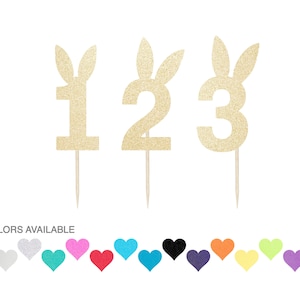 Puede incluir: Tres adornos para tartas de purpurina dorada con forma de los números 1, 2 y 3. Cada número tiene orejas de conejo en la parte superior. 15 colores disponibles.