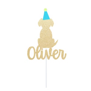 Topo de bolo personalizado com glitter para cachorro: decoração para festa de aniversário de filhote