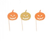 12 Glitter Pumpkin Halloween Cupcake Toppers Picks / Supplies / Party Decor / Any Color