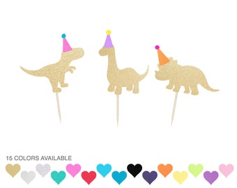 Dinosaur Cupcake Toppers - Glitter Dino Birthday Party Decorations - Set of 6