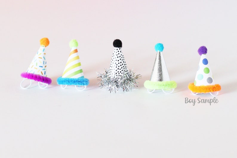 May include: Five colorful party hats with different patterns and pom-poms on top. The hats are arranged in a row on a white surface.  "Boy Sample" is written in black text at the bottom of the image.