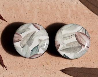 Pair Watercolor leaves image ear wooden or clay tunnels 4,5,6,8,10,11,12,14,16,18,20-40mm;6,4,2g,0g,00g;1/4,5/16,3/8,1/2,9/16,5/8,3/4"