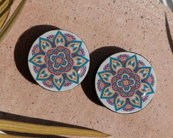 Colourful mandala image ear wooden or clay tunnels 4,5,6,8,10,11,12,14,16,18,20,22,24-40mm;6,4,2g,0g,00g;1/4,5/16,3/8,1/2,9/16,5/8,3/4"