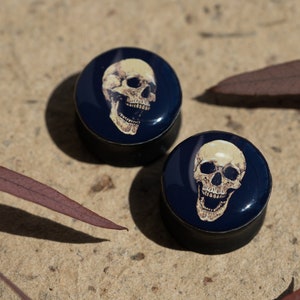 Skull on deep blue vintage image ear wooden or clay tunnels 4,5,6,8,10,11,12,14,16,18,20-40mm;6,4,2g,0g,00g;1/4,5/16,3/8,1/2,9/16,5/8,3/4"