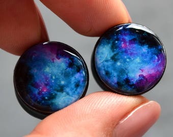 Pair Gauges Galaxy image ear wooden or clay plugs 4,5,6,8,10,12,14,16,18,20,22-40mm;6g,4g,2g,0g,00g;1/4,5/16,3/8,1/2,9/16,5/8,3/4,7/8,1 1/4"