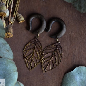 May include: A pair of brown wooden ear gauges with gold leaf-shaped charms. The gauges are on a brown wooden surface.