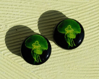 Pair gauges Sea jellyfish image ear wood or clay plugs,4,5,8,10,12,14,16,18,20,22-40mm;6g,4g,2g,0g,00g;5/16",3/8",1/2",9/16",5/8",3/4",7/8"