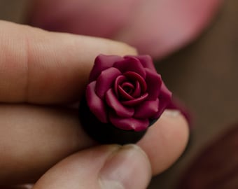 Burgundy Rosebud flowers bridal plugs,Ear gauges 8,10,12,14,16,18,20,22,24,26,28,30mm;0g,00g;5/16",3/8",1/2",9/16",5/8",3/4",7/8",1 1/4"