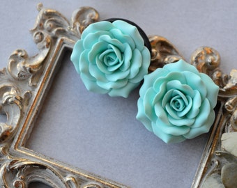 Turquoise Rosebud flowers plugs,Ear wedding tunnels 8,10,12,14,16,18,20,22,24,26,28,30mm;0g,00g;5/16",3/8",1/2",9/16",5/8",3/4",7/8",1 1/4"