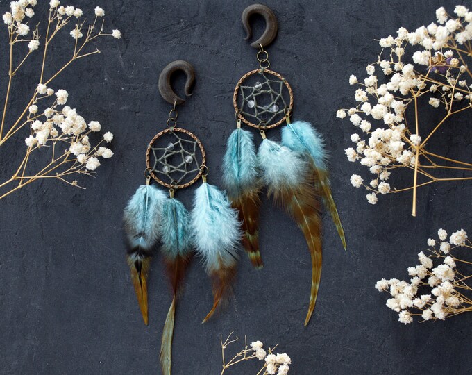 Pair Blue Dreamcatcher Tribal Feathers Gauges,long Dangle,quartze Size