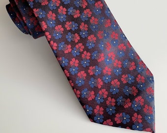 Red and Blue Sakura Flower Men's Necktie - Wedding | Groom | Groomsmen | Best Man | Gift | Patterned | Navy | Burgundy | Ideas for him