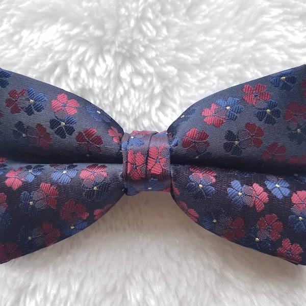 CHILDREN'S Red and Blue Sakura Flower Bow Tie - Pre Tied | Wedding | Page Boy | Ring Bearer | Clovers | Burgundy | Navy | Patterned | Gift