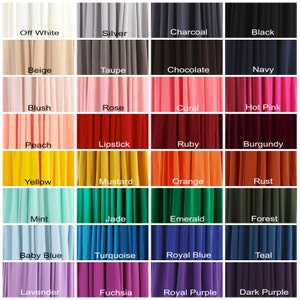 May include: A color chart showing 24 different fabric swatches. The swatches are arranged in four rows of six swatches each. The colors include off-white, silver, charcoal, black, beige, taupe, chocolate, navy, blush, rose, coral, hot pink, peach, lipstick, ruby, burgundy, yellow, mustard, orange, rust, mint, jade, emerald, forest, baby blue, turquoise, royal blue, teal, lavender, fuchsia, royal purple, and dark purple.
