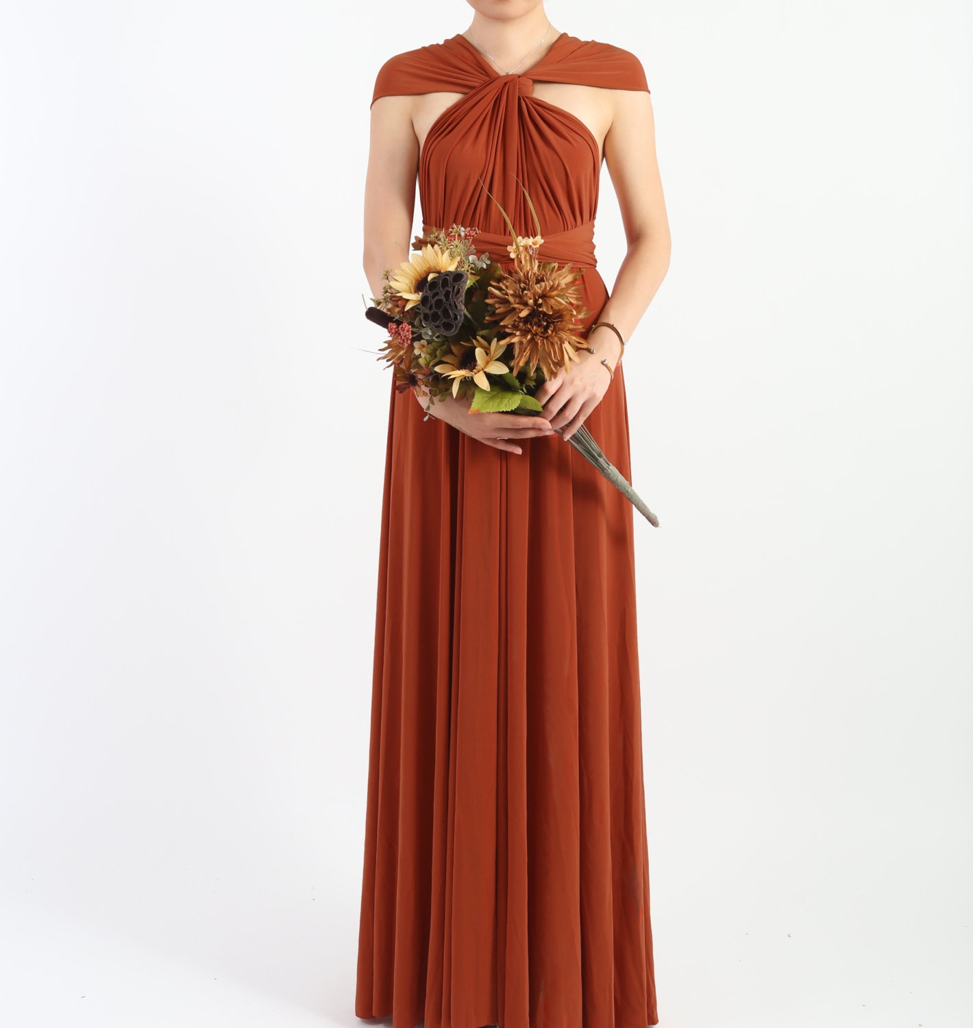 Rust Infinity Dress, Long Burnt Orange Bridesmaid Dress, Terracota