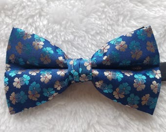 Blue & Silver Sakura Flower Men's Bow Tie - Match with Atom Attire Dress | Pre Tied | Wedding | Groomsmen | Best Man | Gift | Ideas for him