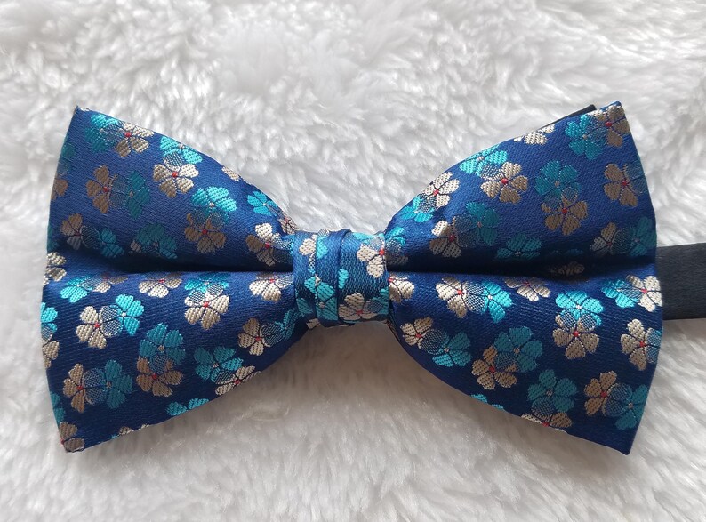 Blue & Silver Sakura Flower Men's Bow Tie Match with Atom Attire Dress Pre Tied Wedding Groomsmen Best Man Gift Ideas for him image 1