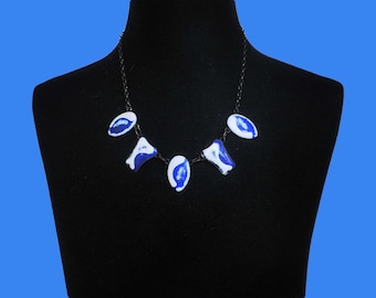 Vintage Mid Century Blue and White Enamel on Copper Necklace. handmade 1960s