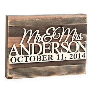 Custom Mr and Mrs Sign - Mr  Mrs Wood Name Sign Mounted on Vintage Wooden Board Mr and Mrs Sweetheart Table Centerpiece 95127 USA-Made