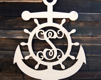 Nautical Decor Anchor Single-Letter Captains Wheel Wooden Monogram Unpainted - Home Decor - Beach Wedding - Door Hanger 3106 USA-Made