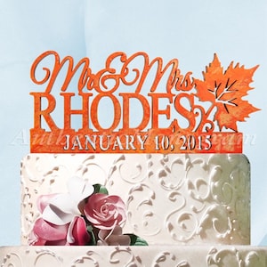 Mr and Mrs Wedding Cake Topper - Wooden Topper with Date for Autumn Wedding - 94127F USA-Made