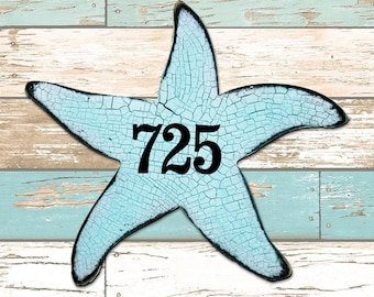 Address sign - House Numbers - Coastal Door Numbers Sign - Blue or Sand - Starfish House Number Plaque - Custom Home Address Sign MA98531