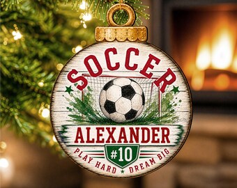 Soccer Christmas Ornament: Rustic Birch Wood - Personalized Name & Number - 8652890