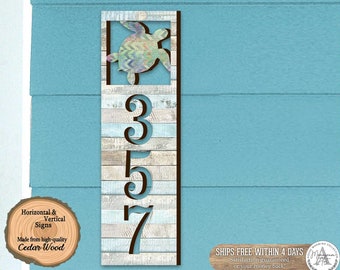 House Number Sea Turtle Plaque - Beach House Numbers - Door Numbers Sign - Custom Wooden Home Address Sign -Lake House Numbers MA989805