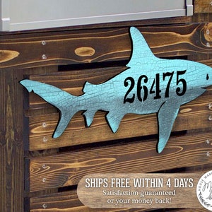 Shark Coastal House Number Plaque - Personalized Nautical Address Sign - Mailbox Decor - CUSTOM Home Address Sign - MA98515