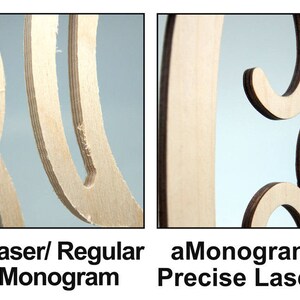 May include: Close-up comparison of two wooden monogram letters, one cut with a regular saw and the other with a laser. The laser cut letter has a smooth, precise edge, while the regular cut letter has a rough, uneven edge.