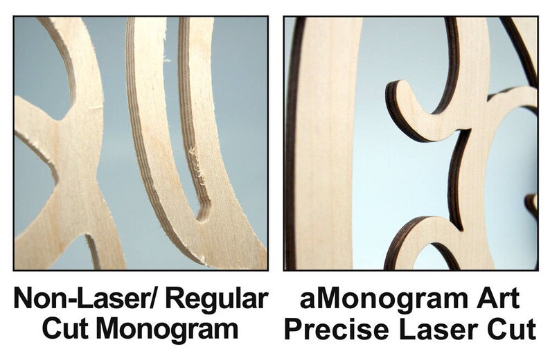 May include: Close-up comparison of two wooden monogram letters, one cut with a regular saw and the other with a laser. The laser cut letter has a smooth, precise edge, while the regular cut letter has a rough, uneven edge.