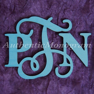 Peut inclure: Un monogramme en bois bleu clair avec les lettres "P J N" dans une police d'écriture cursive décorative. Le monogramme est sur un fond texturé violet.
