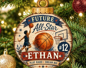 Youth Basketball Ornament, Personalized Name and Number, Play Hard Dream Big (5.5") - 8652884
