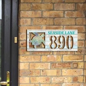 Custom House Number & Street Name Plaque - Handcrafted Sea Turtle Coastal Address Sign – Horizontal Address Plaque for Porch - MA989805-2