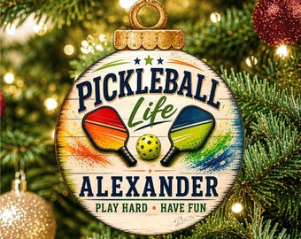 Rustic Birch Pickleball Ornament, Custom Name (5.5" Round) - 8652879