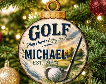 Custom Golf Christmas Ornament - Rustic Wood, Personalized Detail - 8652888