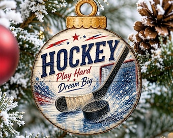 Wooden Hockey Ornament - Play Hard Dream Big - Sports Decor by G.Debrekht - 8652886