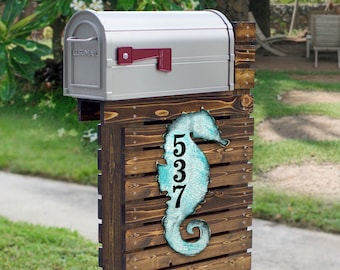 Seahorse Address Sign - Coastal House Number Plaque - Beach House Numbers - Custom Mailbox Numbers - Wooden House Number - MA98517
