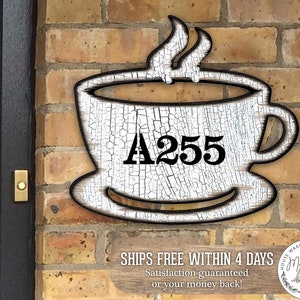 Coffee House Number CUSTOM Address Sign - Tea Cup Number Plaque - Door Number Sign - CUSTOM Home Address Sign MA98438 - Made in the USA