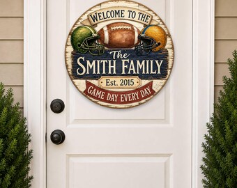 Personalized Football Family Door Hanger: Rustic Round Sports Sign - 8652882H