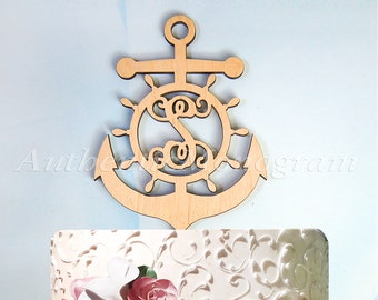 Wedding Cake Topper - A - Z  Initial Wooden Anchor, Anchor Cake Topper, Birthday, Captains wheel, Nautical, Natural Wood