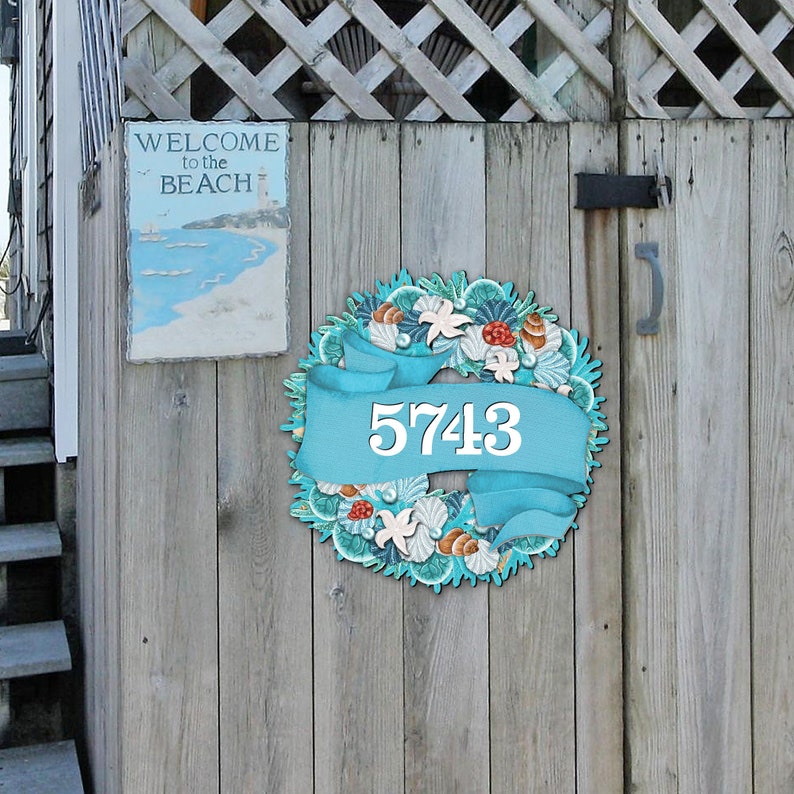 House Numbers Coastal Wreath House Number Plaque Coastal Etsy