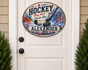 Hockey Player Wall Decor, Birch Wood Sign(Custom Name & Jersey Number) - 8652886H