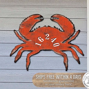 Crab Address Sign - Coastal Wood House Numbers Plaque - Beach Design - Nautical Door Number Sign - MA98511