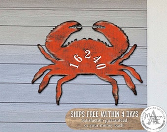 Crab Address Sign - Coastal Wood House Numbers Plaque - Beach Design - Nautical Door Number Sign - MA98511