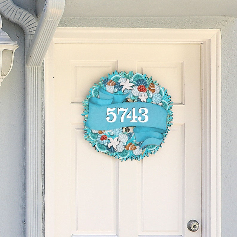 House Numbers Coastal Wreath House Number Plaque Coastal Etsy